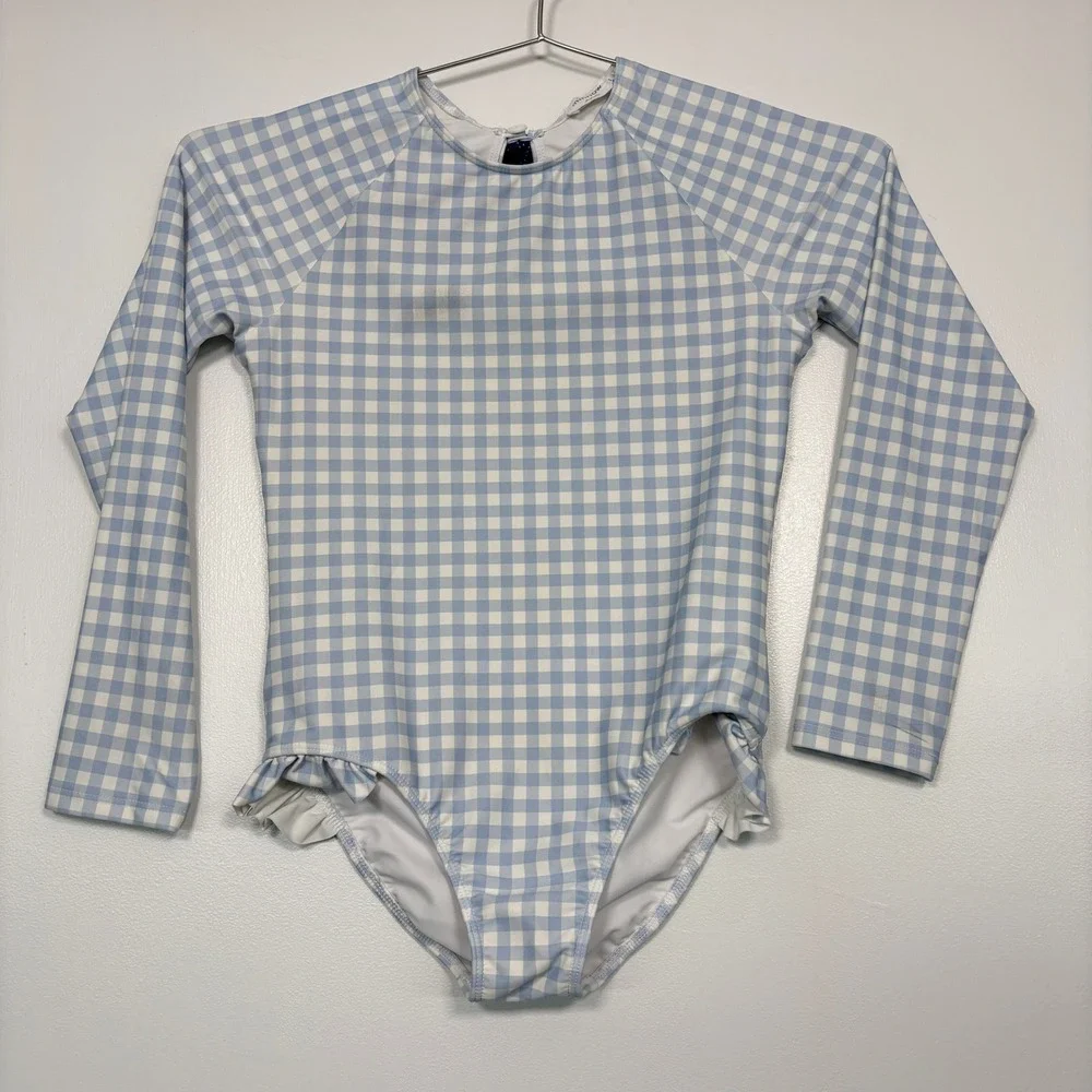 Minnow Kids Swimsuit 11/12 Blue Gingham Long Sleeve Rash Guard Ruffle One Piece